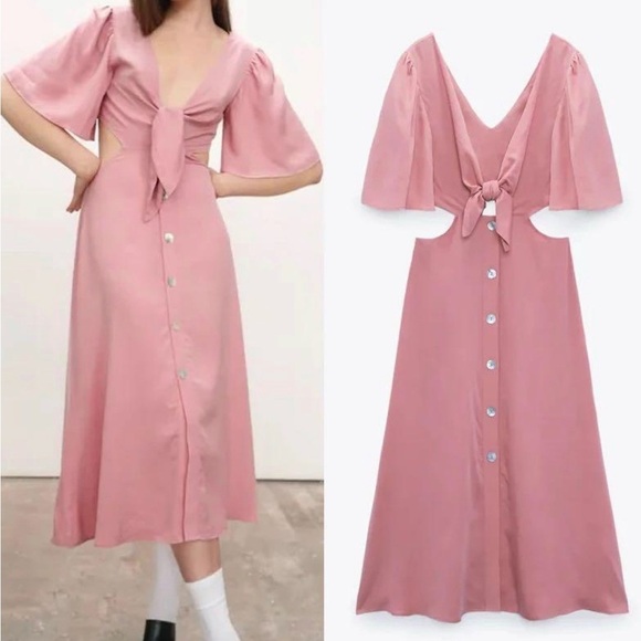 Zara Dresses & Skirts - Zara Cut Out Ties V-Neck Button Pink Dress size XS